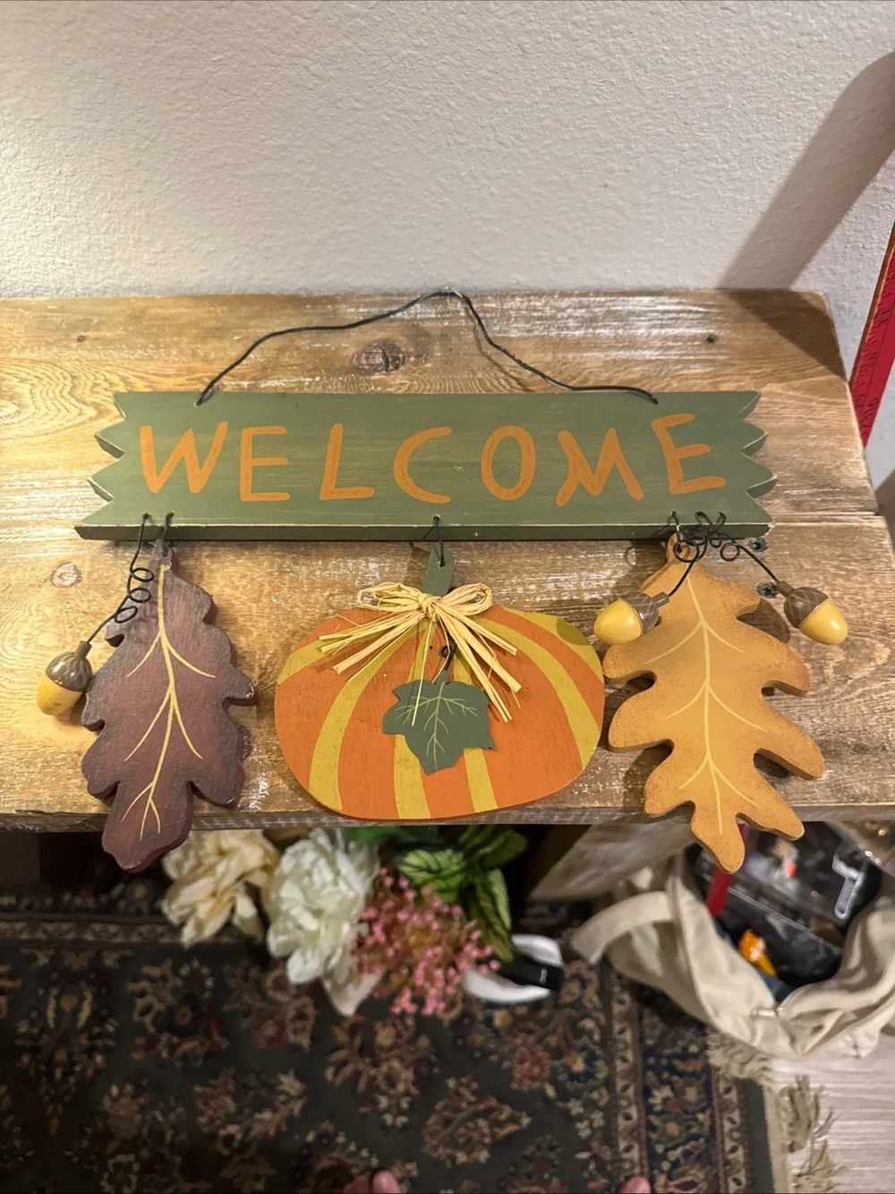 Vtg 90s Style Wooden Apple Welcome Sign Decor Country Ribbon Cottagecore